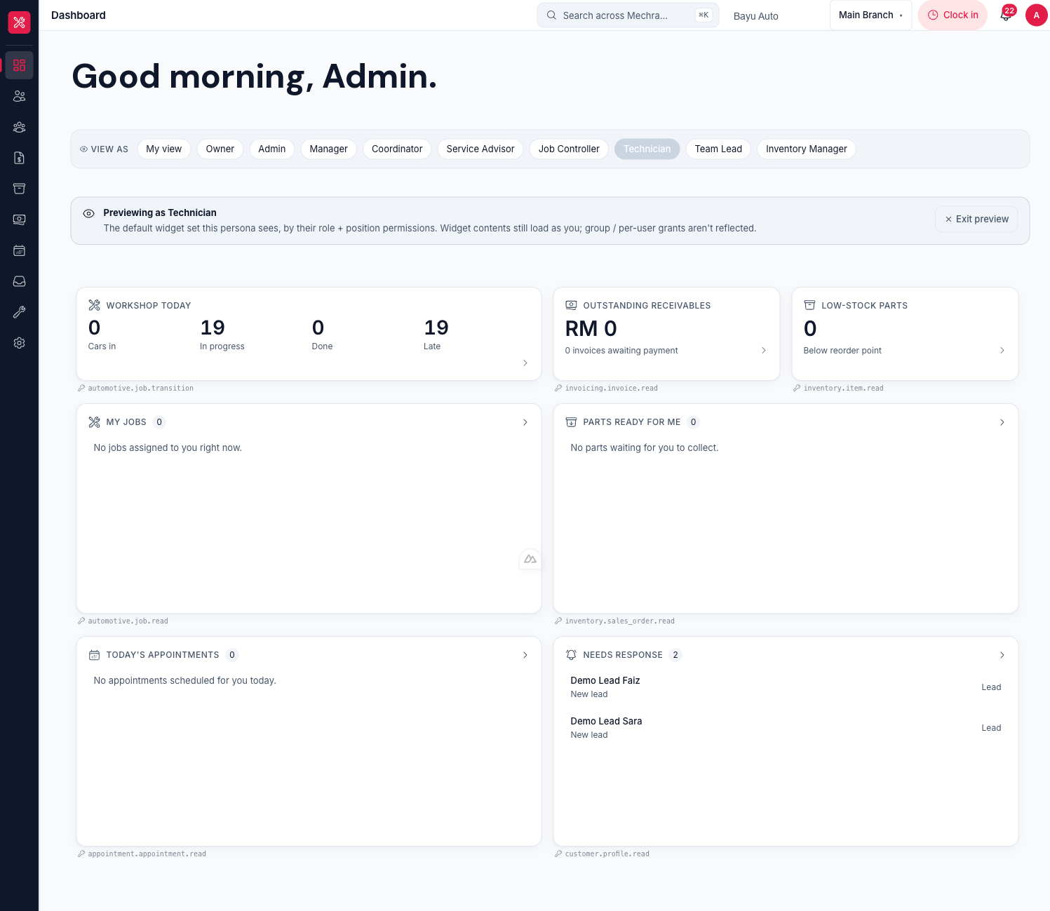 Mechra dashboard — a role-aware overview across active modules